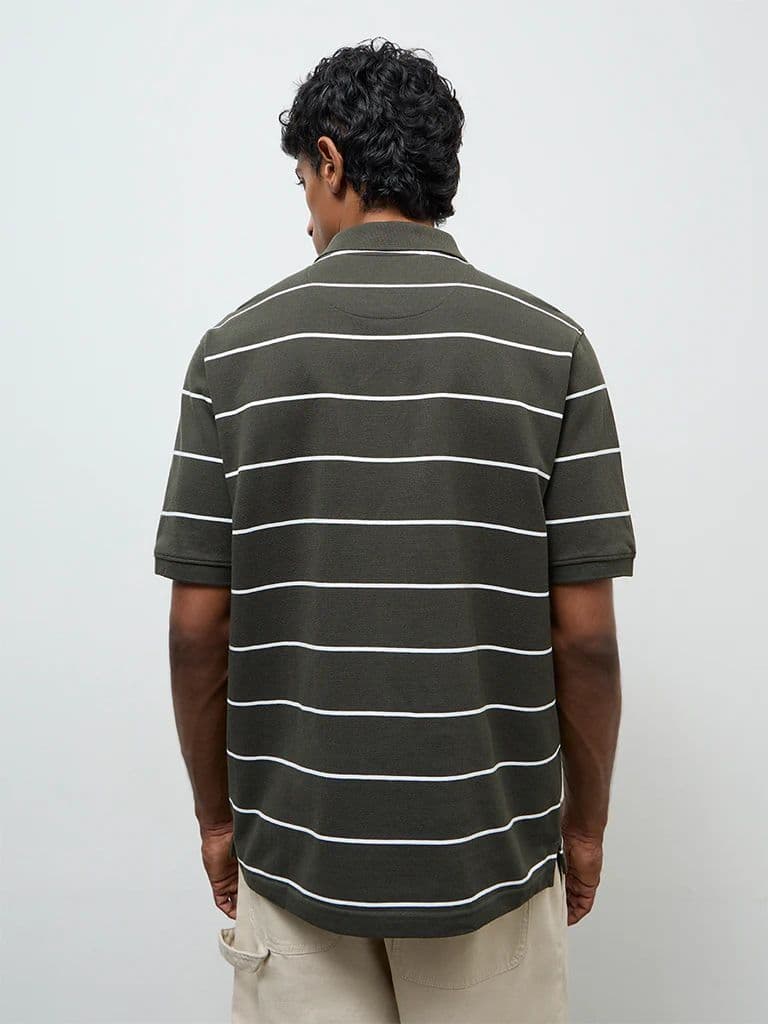 WES Casuals Dark Olive Striped Relaxed-Fit Cotton Polo T-Shirt — photo 4