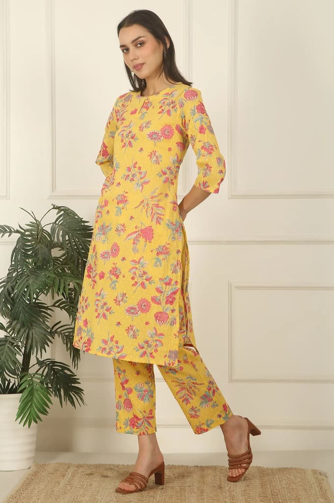 Yellow Floral Printed Swiss Dot Cotton Straight Kurta and Pants Co-ord Set — photo 5