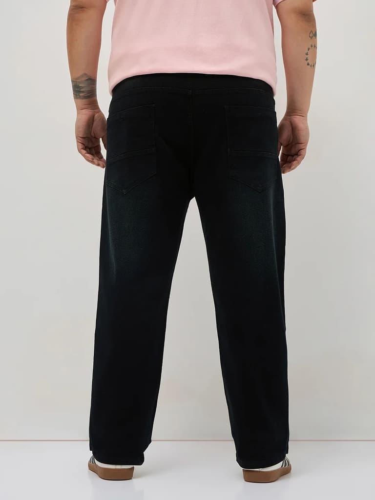 Plus Men's Black Regular Fit Whisker Washed Yellow Tint Denim Jeans Stretchable — photo 3