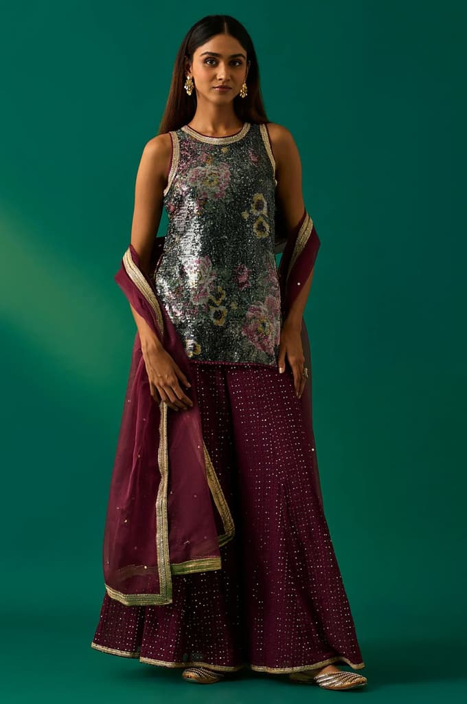 Green Embroidered Straight Kurta with Sharara and Dupatta Set — XS
