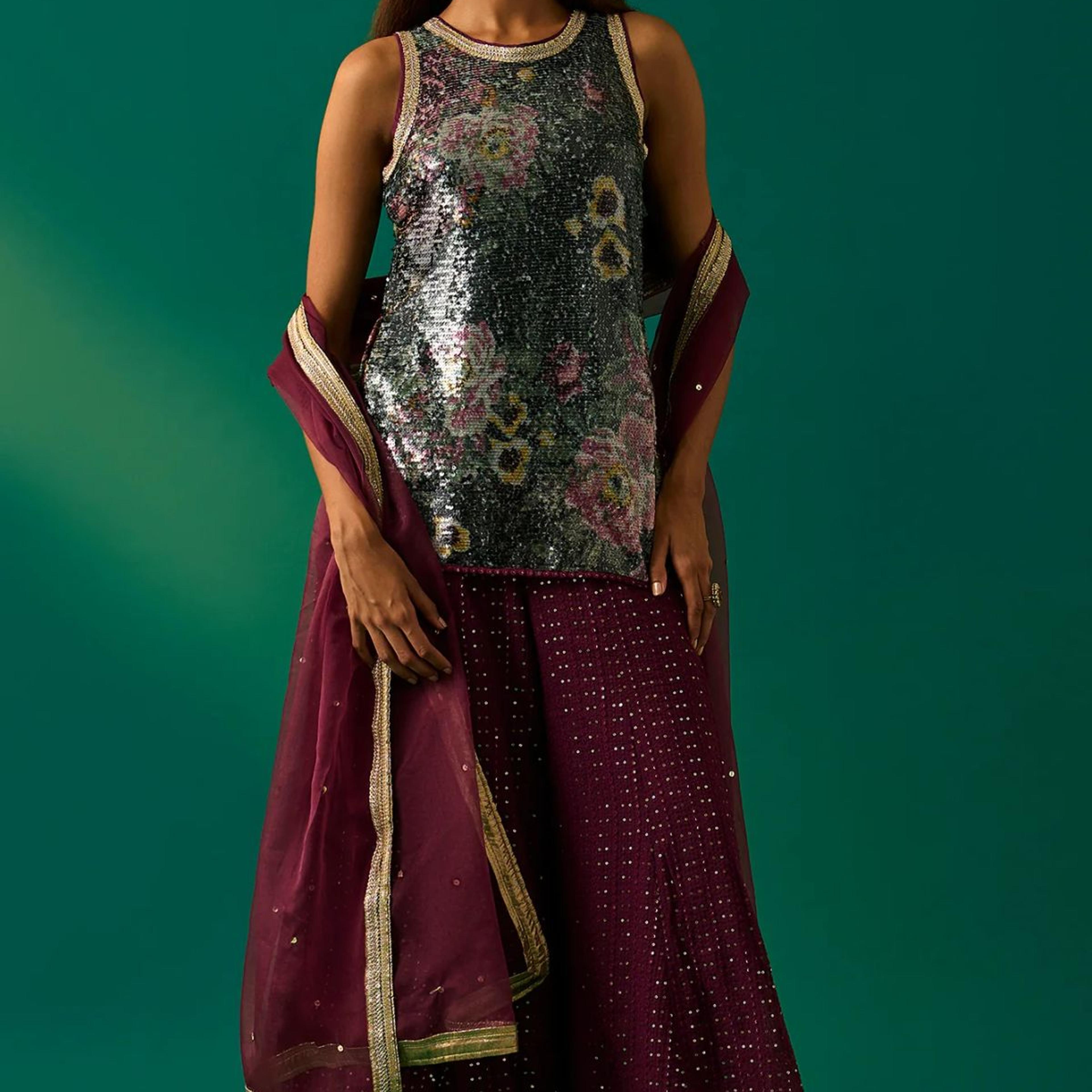 Green Embroidered Straight Kurta with Sharara and Dupatta Set