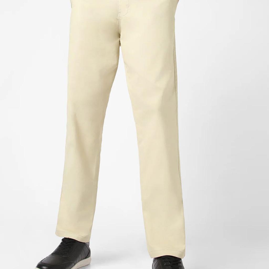 Men's Cream Cotton Regular Fit Casual Chinos Trousers Stretch