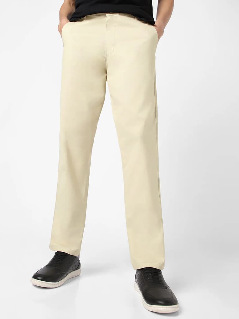 Men's Cream Cotton Regular Fit Casual Chinos Trousers Stretch — 28 / Cream