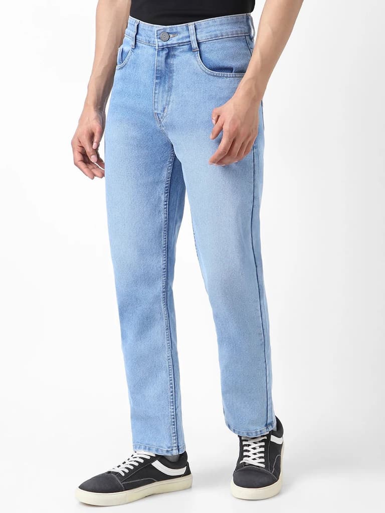 Men's Light Blue Straight Fit Washed Jeans Stretchable — photo 2
