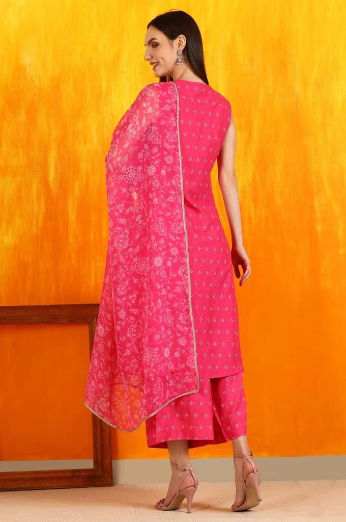 Pink Embroidered Shantung Sleeveless Kurta, Cropped Pants and Dupatta Set — photo 6