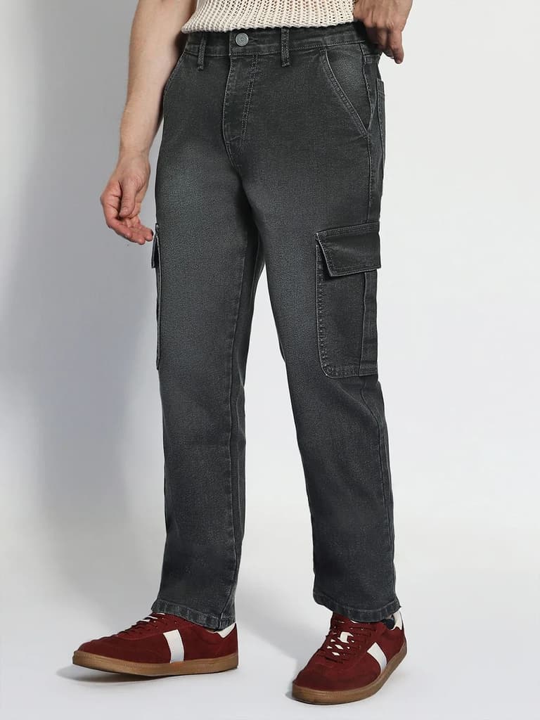 Men's Grey Regular Fit Washed Cargo Jeans With 6 Pockets Stretchable — photo 3
