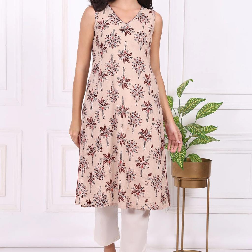 Beige Floral Printed Pure Cotton Straight A-line Kurta