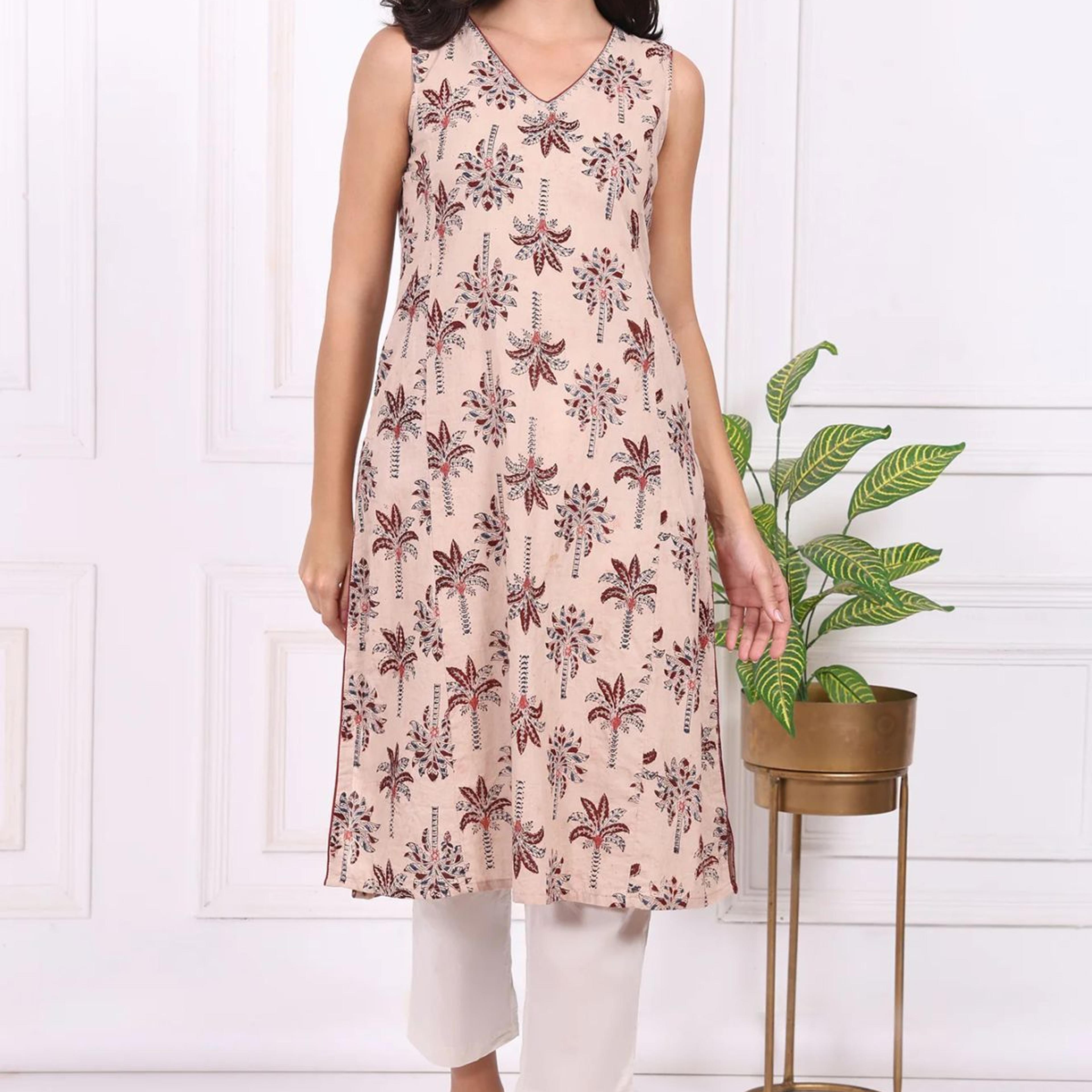 Beige Floral Printed Pure Cotton Straight A-line Kurta