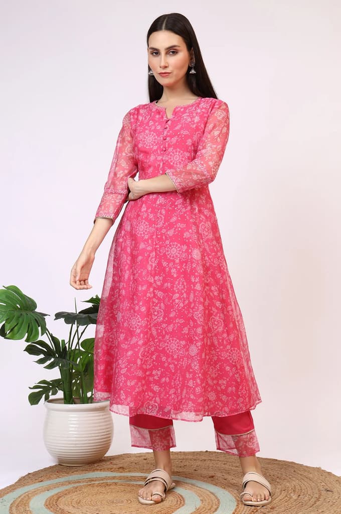 Pink Printed Organza A-line Kurta, Pants and Dupatta Set — photo 5