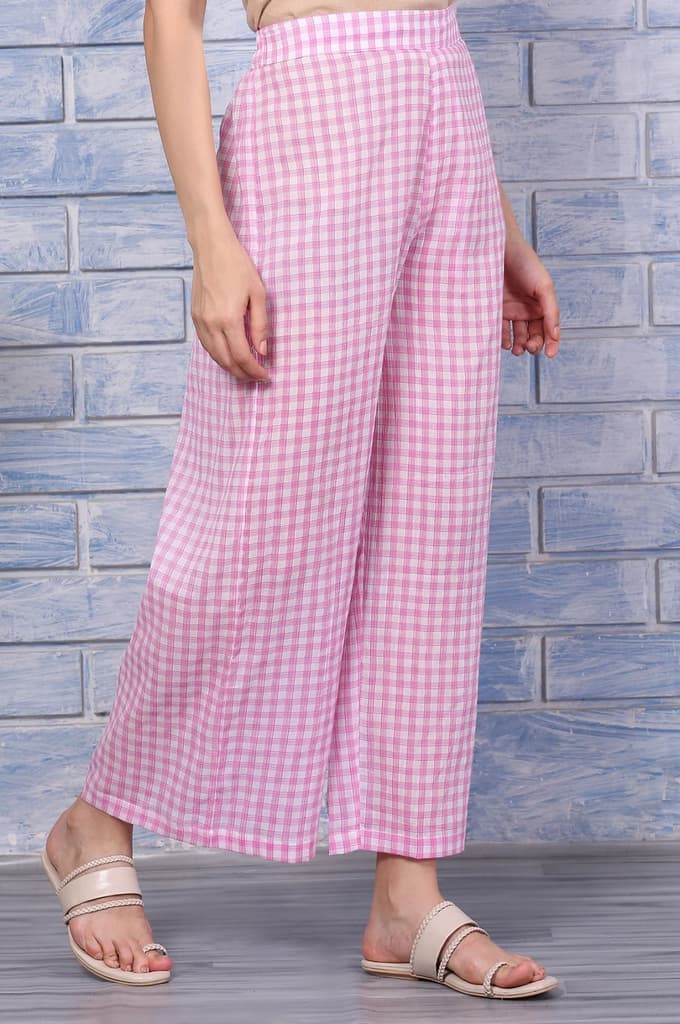 Pink Checkered Ankle Length Pure Cotton Pants — photo 3