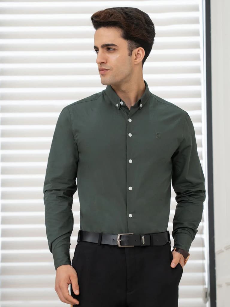 Shirts for Men in Slate Olive | Solid Full Sleeve Casual Shirt — S / Slate Olive