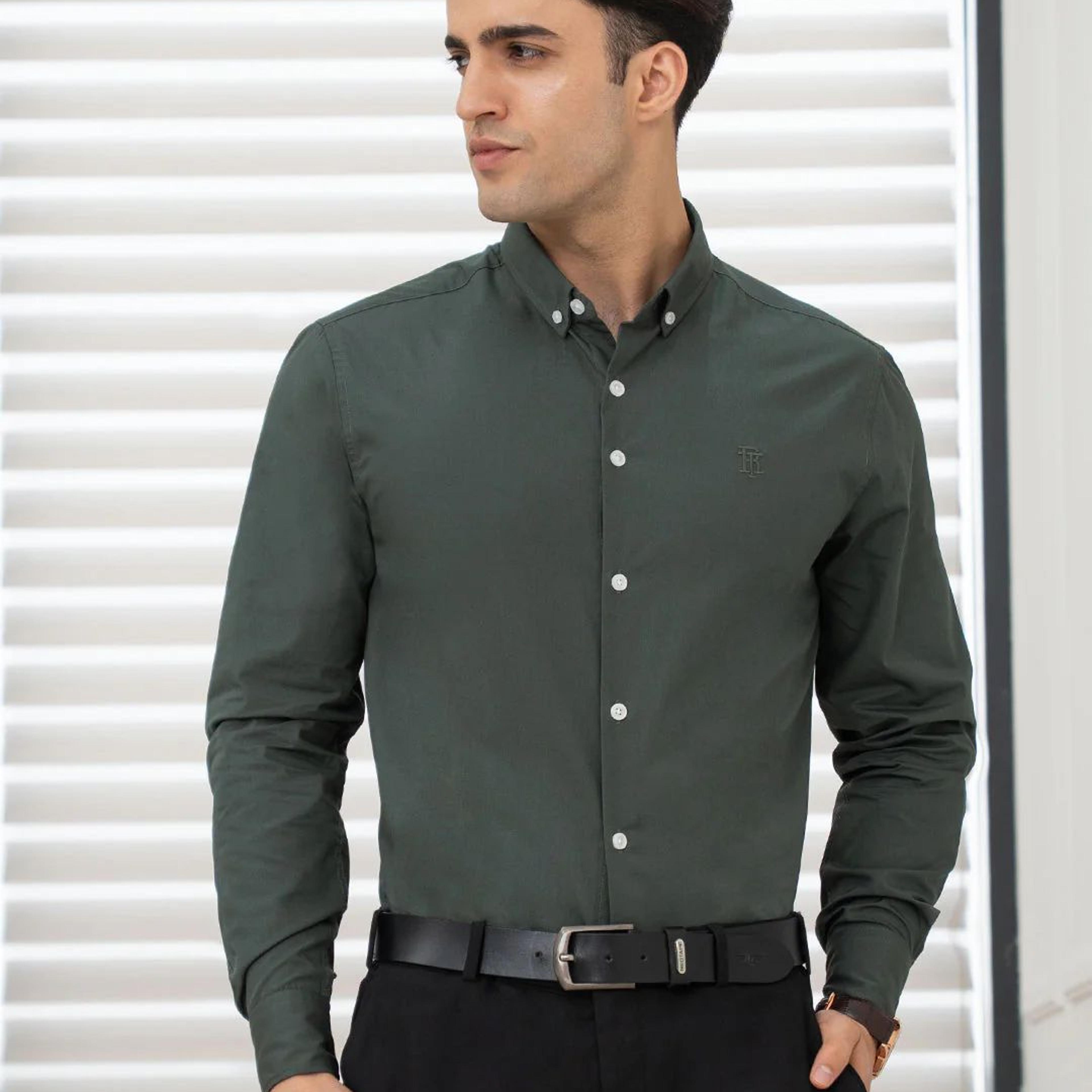 Shirts for Men in Slate Olive | Solid Full Sleeve Casual Shirt