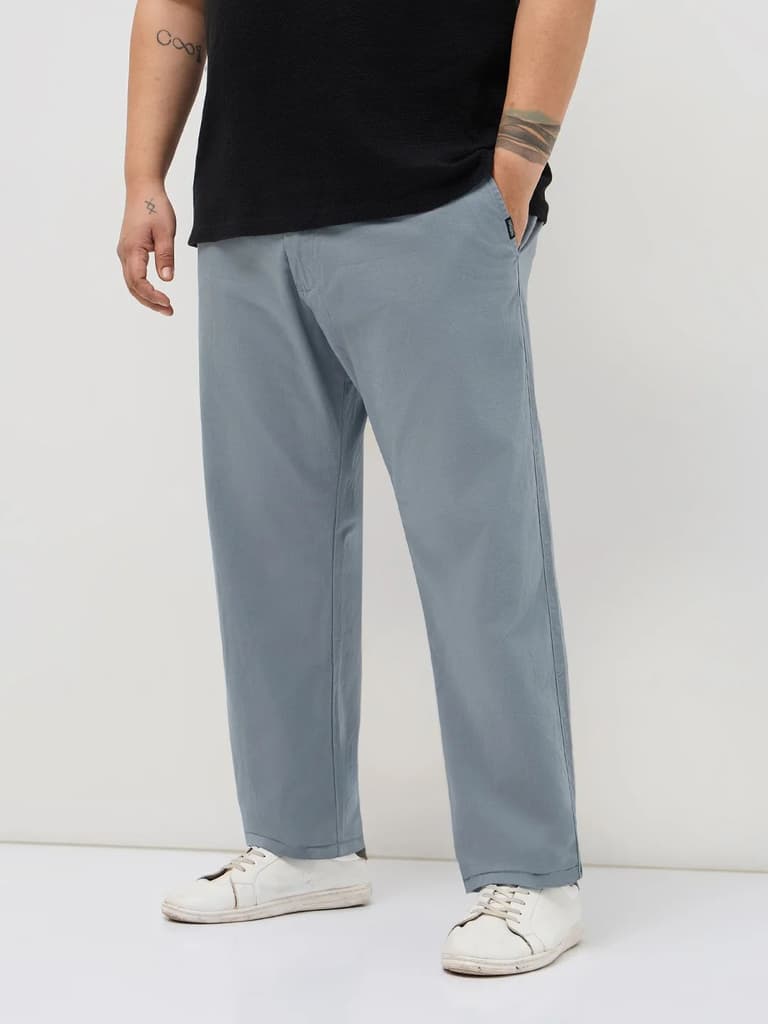 Plus Men's Light Blue Straight Fit Mid Rise Cotton Casual Chinos Trousers Stretch — photo 2