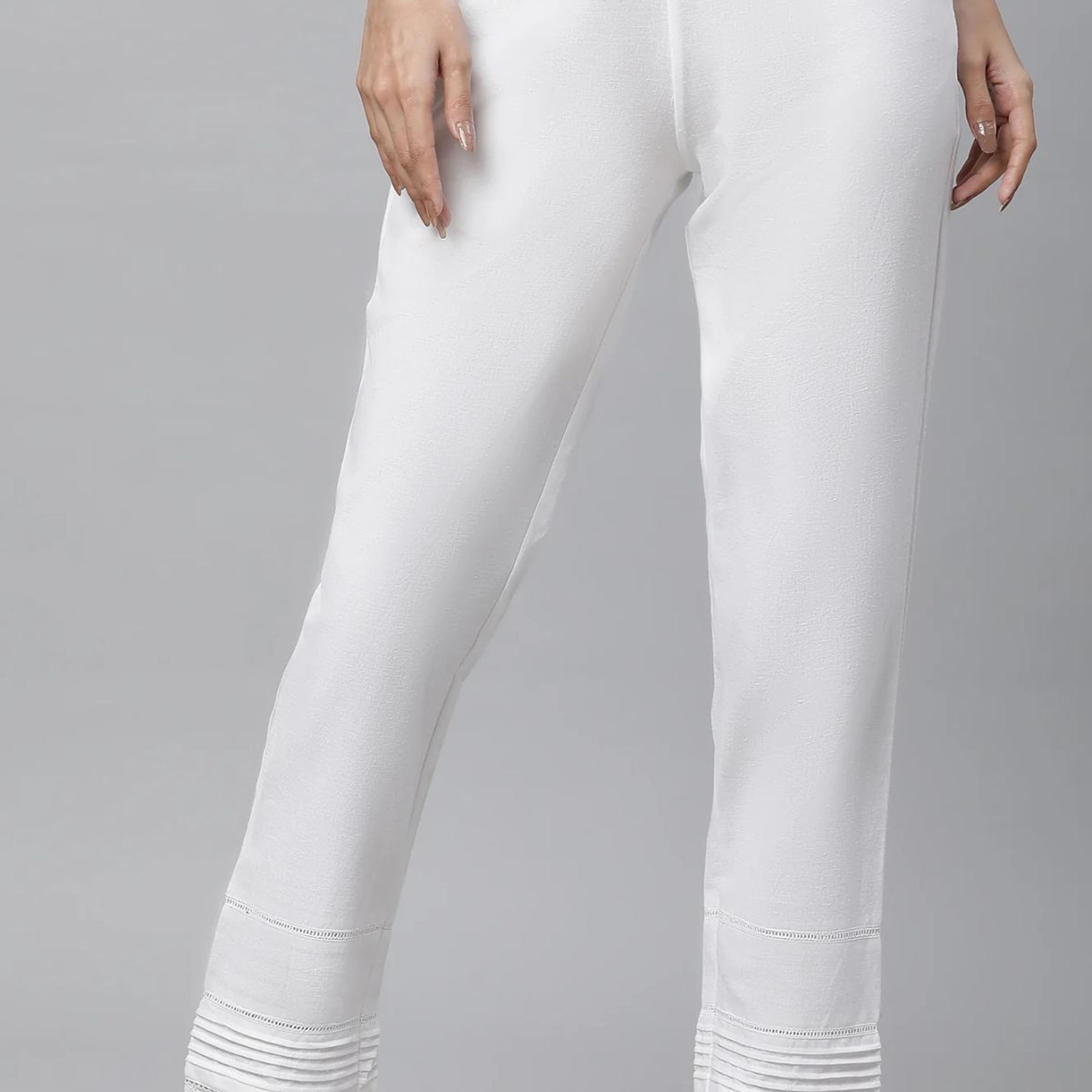 White Solid Straight Fit Cotton Trousers With Lace Inserts