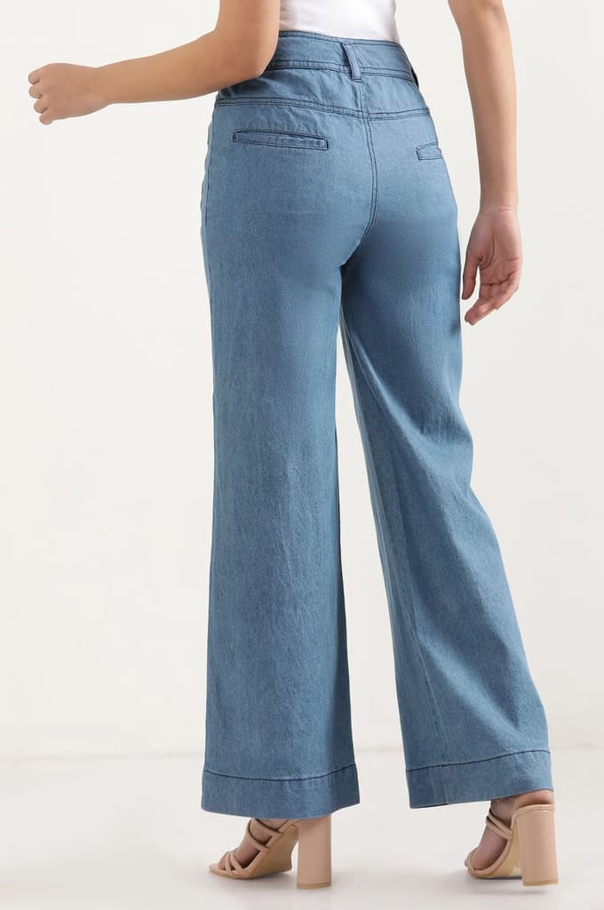 Light Blue Solid Flared Denim Pants With Button Detail — photo 4