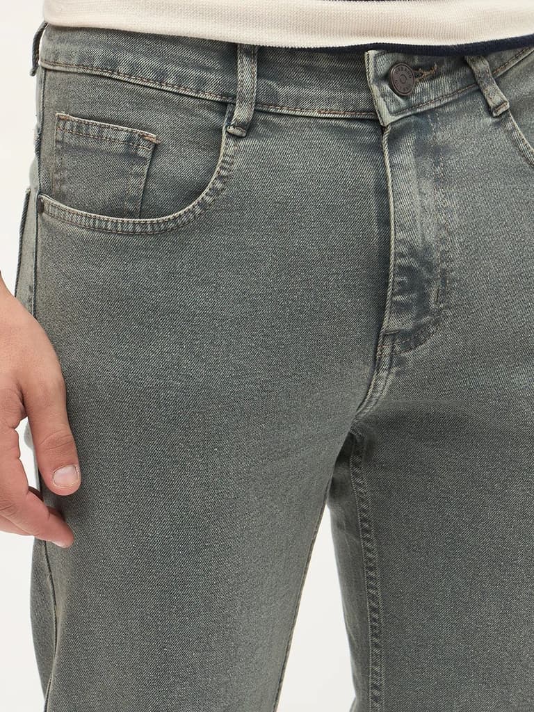 Men's Light Grey Regular Fit Towel Washed Yellow Tint Denim Jeans Stretchable — photo 6