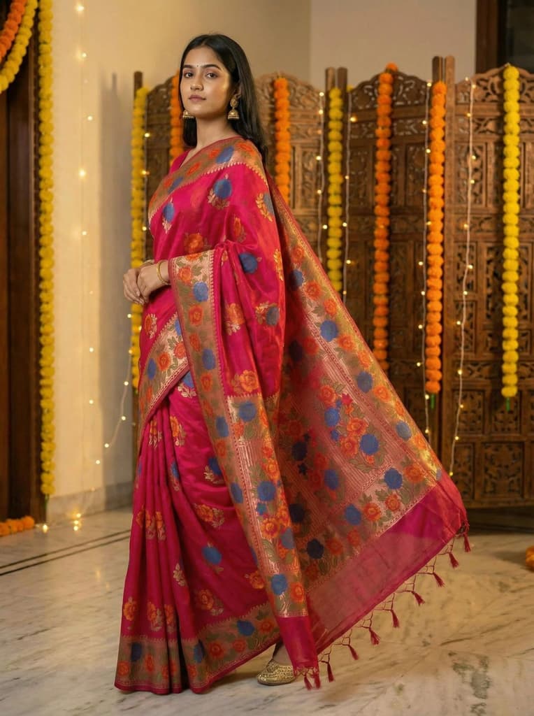 MIMOSA Women's Woven Design Paithani Style Raw Silk Saree with Blouse Piece - Rani ( SA00003129RNFREE ) — photo 2