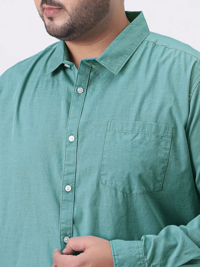 Plus Men's Light Teal Cotton Full Sleeve Regular Fit Casual Solid Slub Shirt with Spread Collar — photo 5