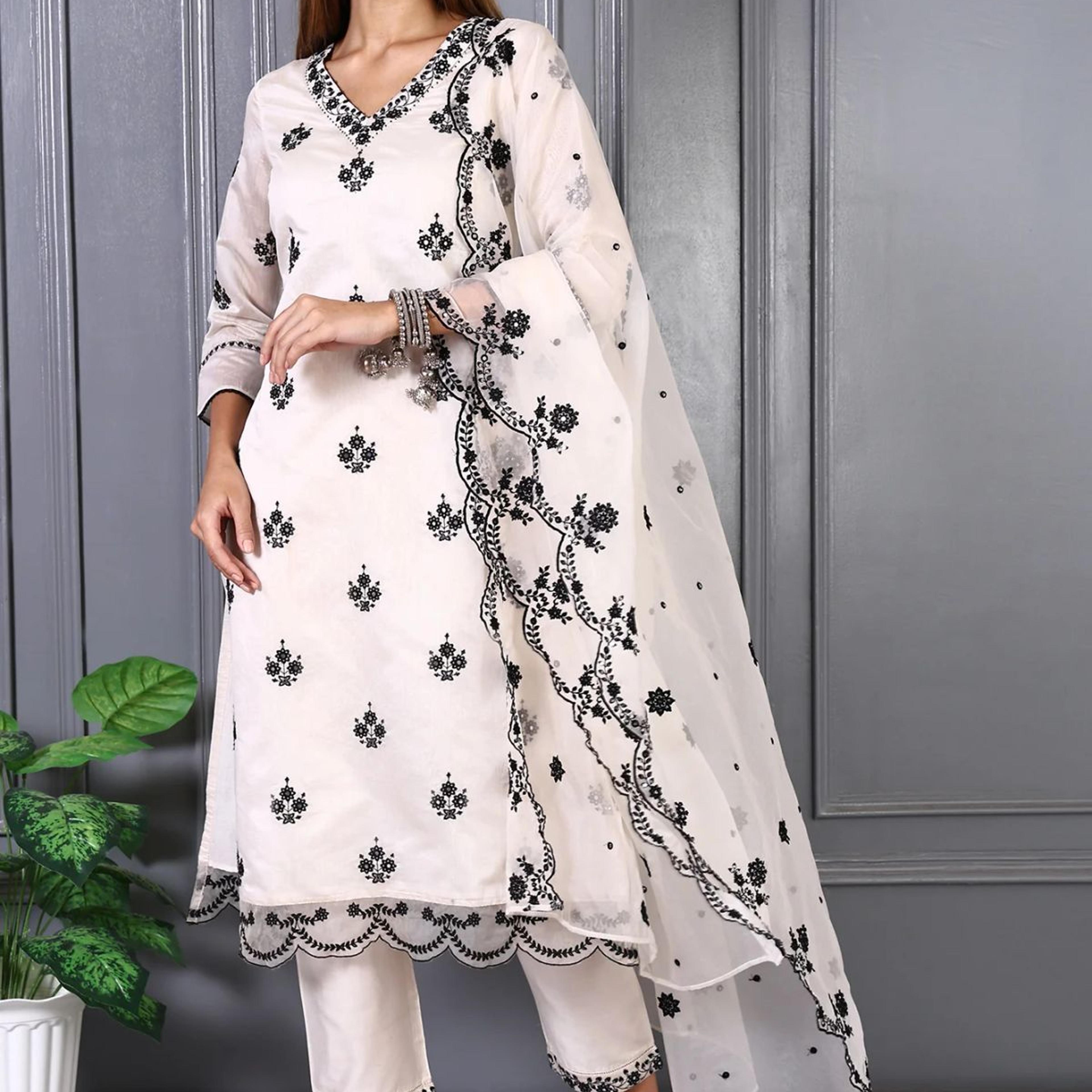 Cream Mirror Embroidered Chanderi Straight Kurta, Pants and Dupatta Set