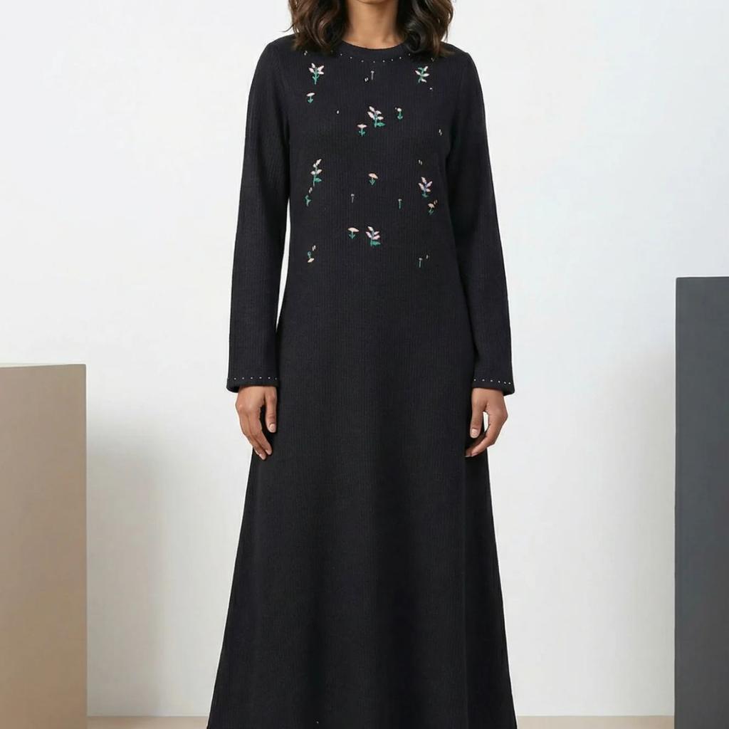 Black Yarn Dyed Embroidered Rayon Blend A-line Winter Dress