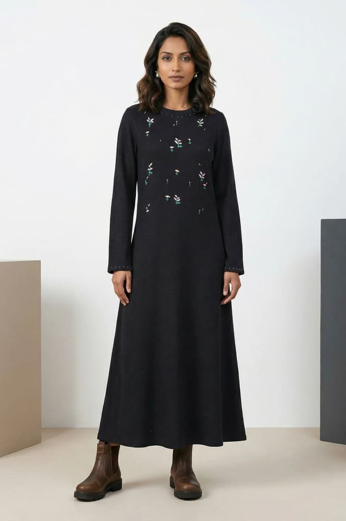 Black Yarn Dyed Embroidered Rayon Blend A-line Winter Dress — XS
