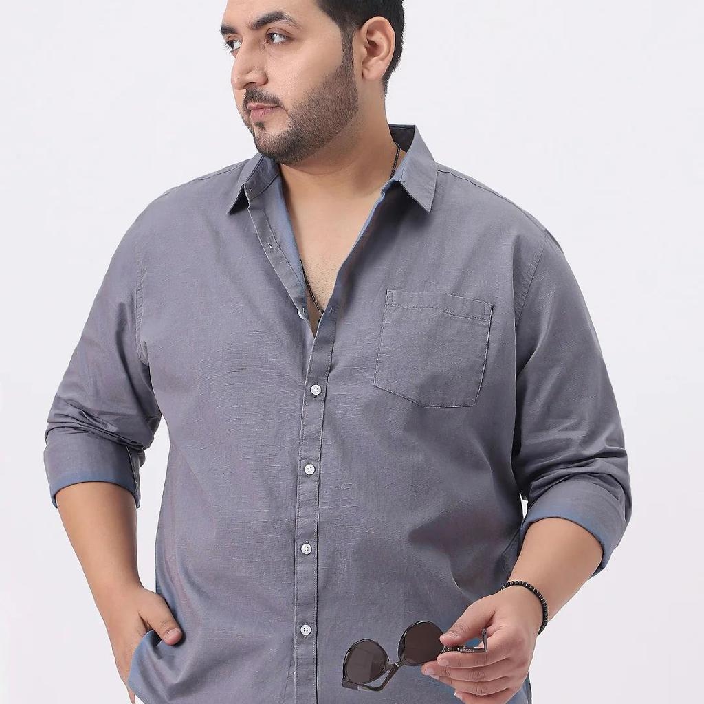Plus Men's Grey Cotton Full Sleeve Regular Fit Casual Solid Slub Shirt with Spread Collar