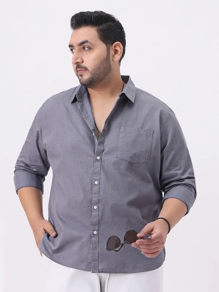 Plus Men's Grey Cotton Full Sleeve Regular Fit Casual Solid Slub Shirt with Spread Collar — XXL / Grey