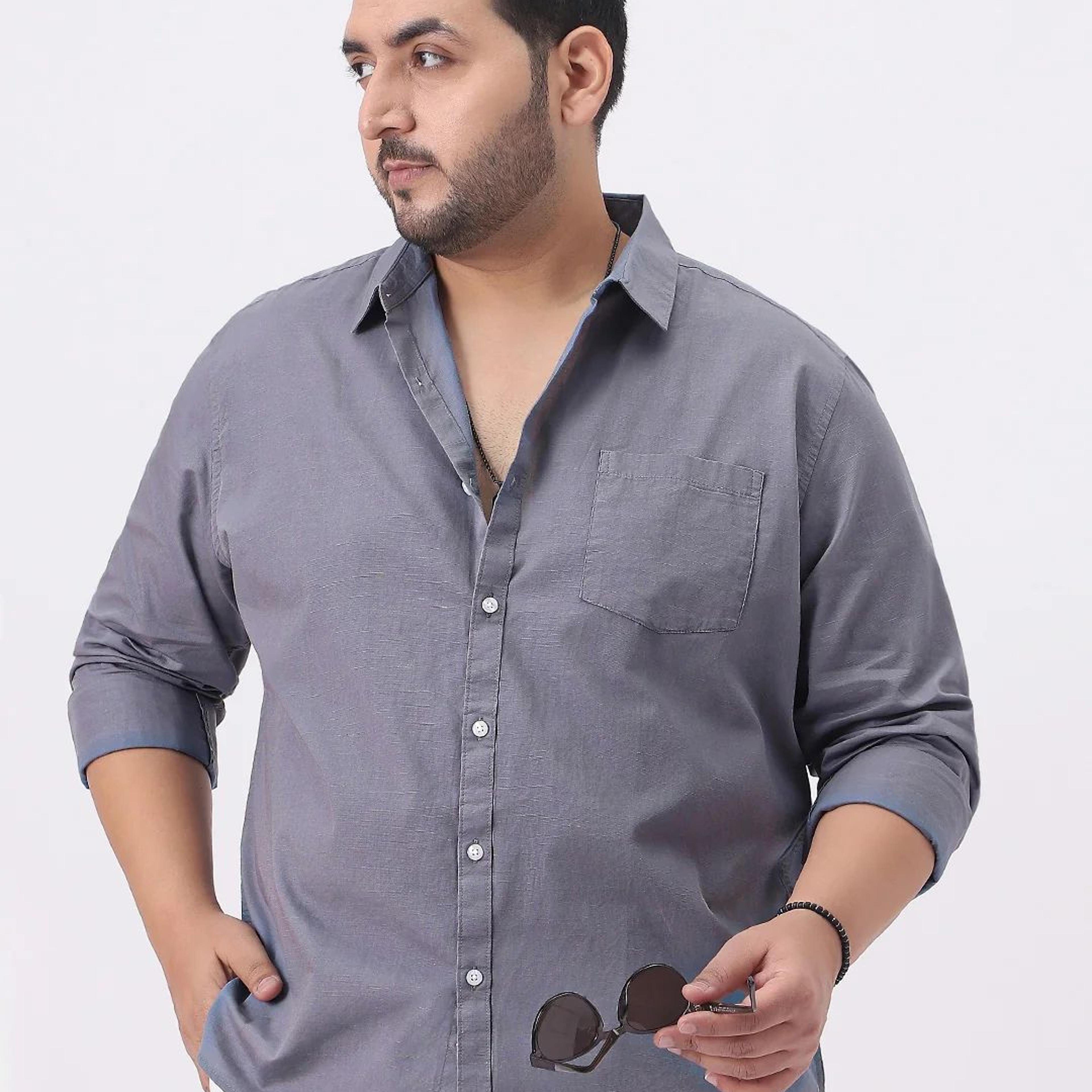 Plus Men's Grey Cotton Full Sleeve Regular Fit Casual Solid Slub Shirt with Spread Collar