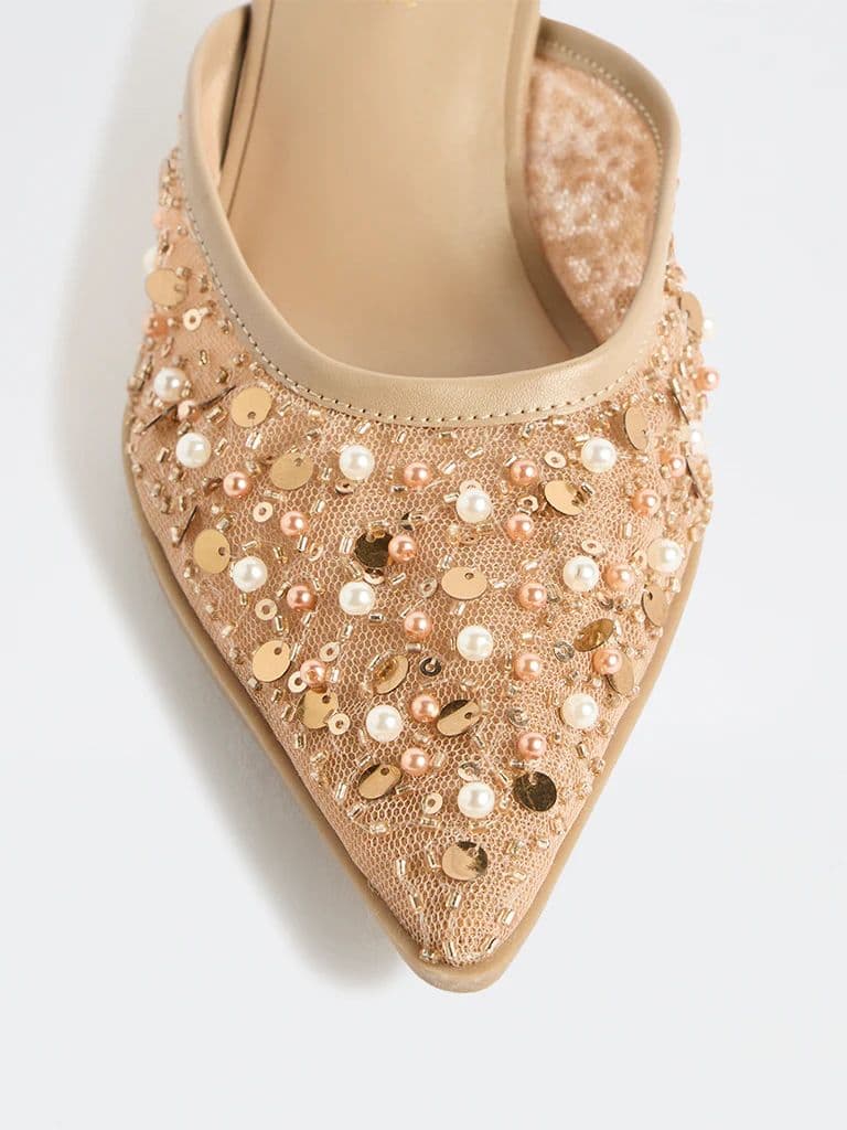 LUNA BLU Beige Embellished Kitten-Heel Mules — photo 4