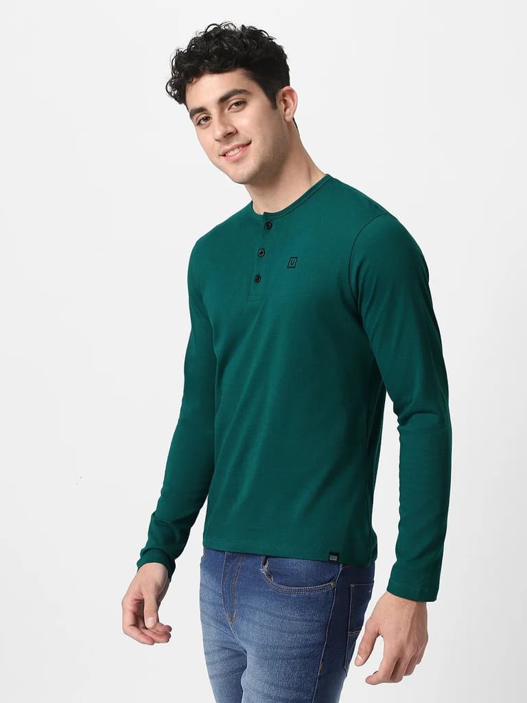 Men's Dark Green Solid Henley Neck Slim Fit Cotton T-Shirt — photo 3