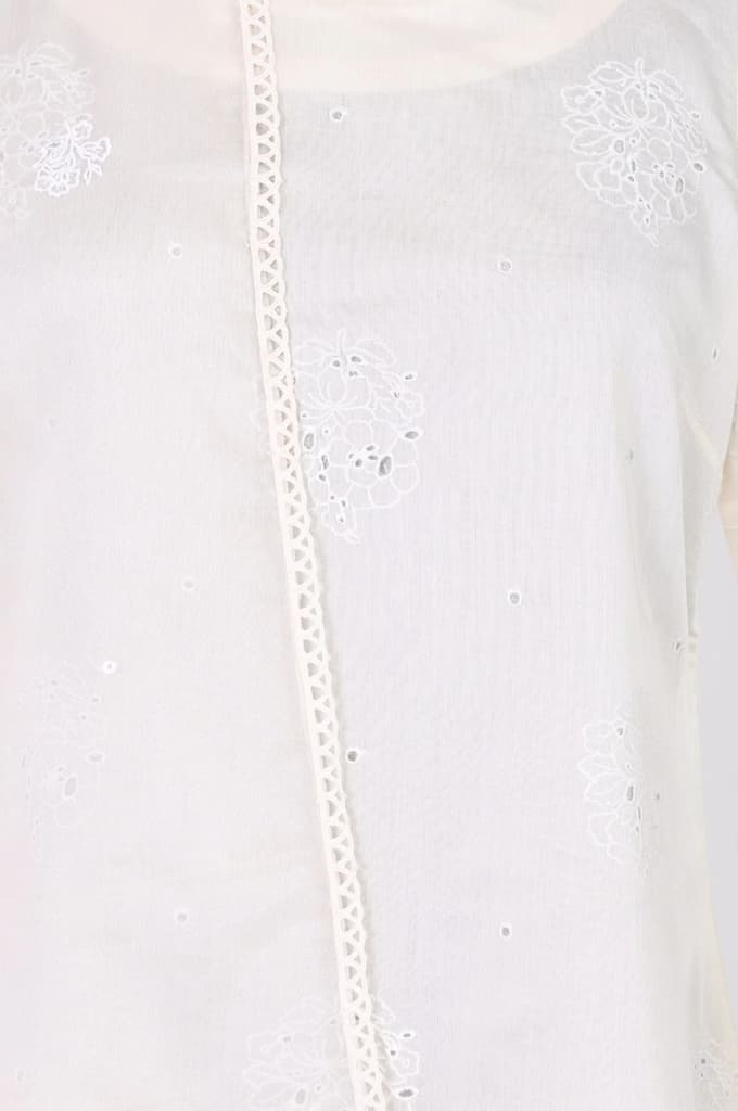 Off White Thread Embroidered Chanderi Straight Kurta with Straight Pants and Organza Dupatta Set — photo 2