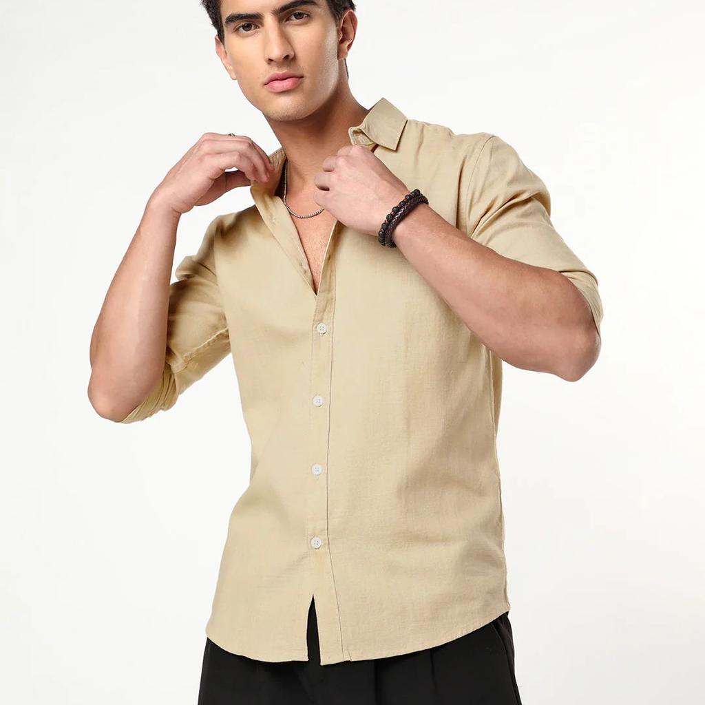 Men's Beige Linen Blend Full Sleeve Relaxed Fit Casual Solid Shirt
