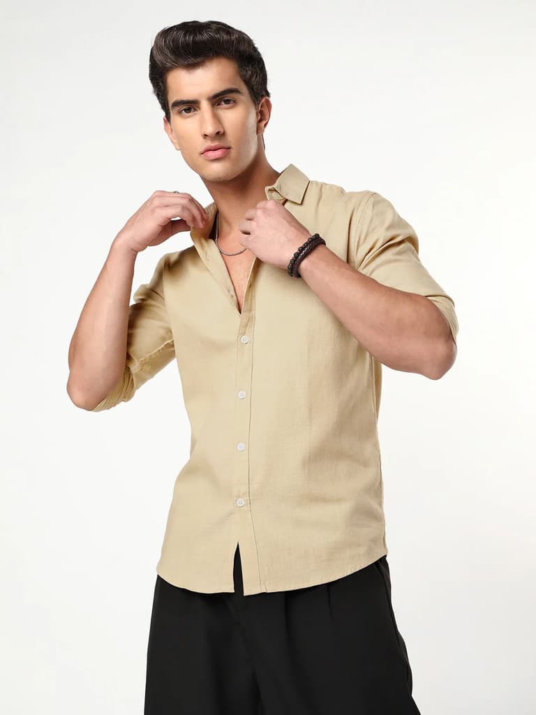 Men's Beige Linen Blend Full Sleeve Relaxed Fit Casual Solid Shirt