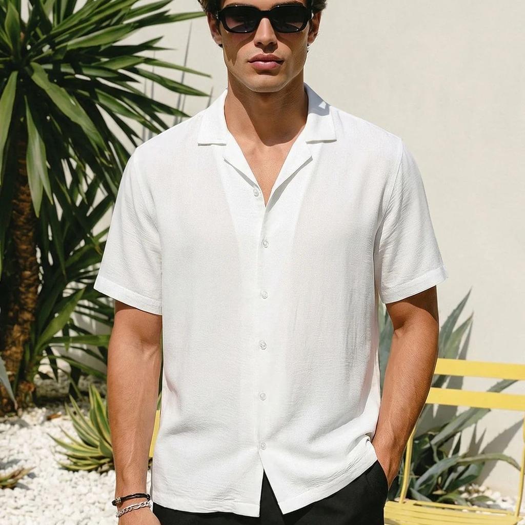 Men's White Cotton Half Sleeve Relaxed Fit Textured Shirt with Cuban Collar