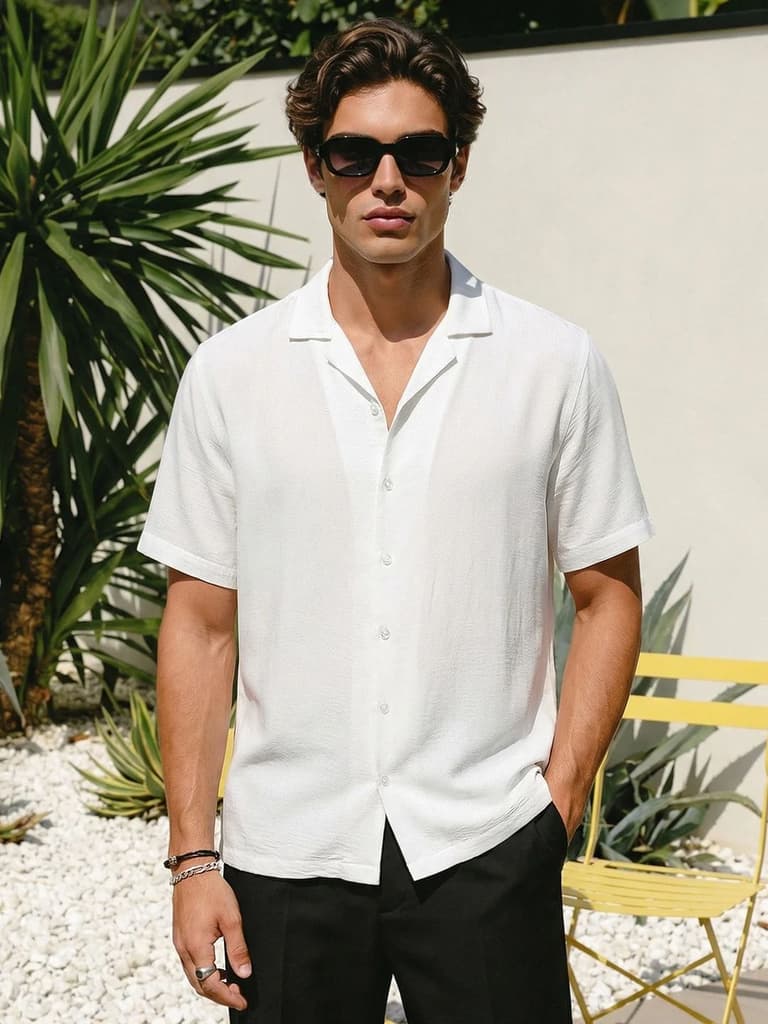 Men's White Cotton Half Sleeve Relaxed Fit Textured Shirt with Cuban Collar — S / White