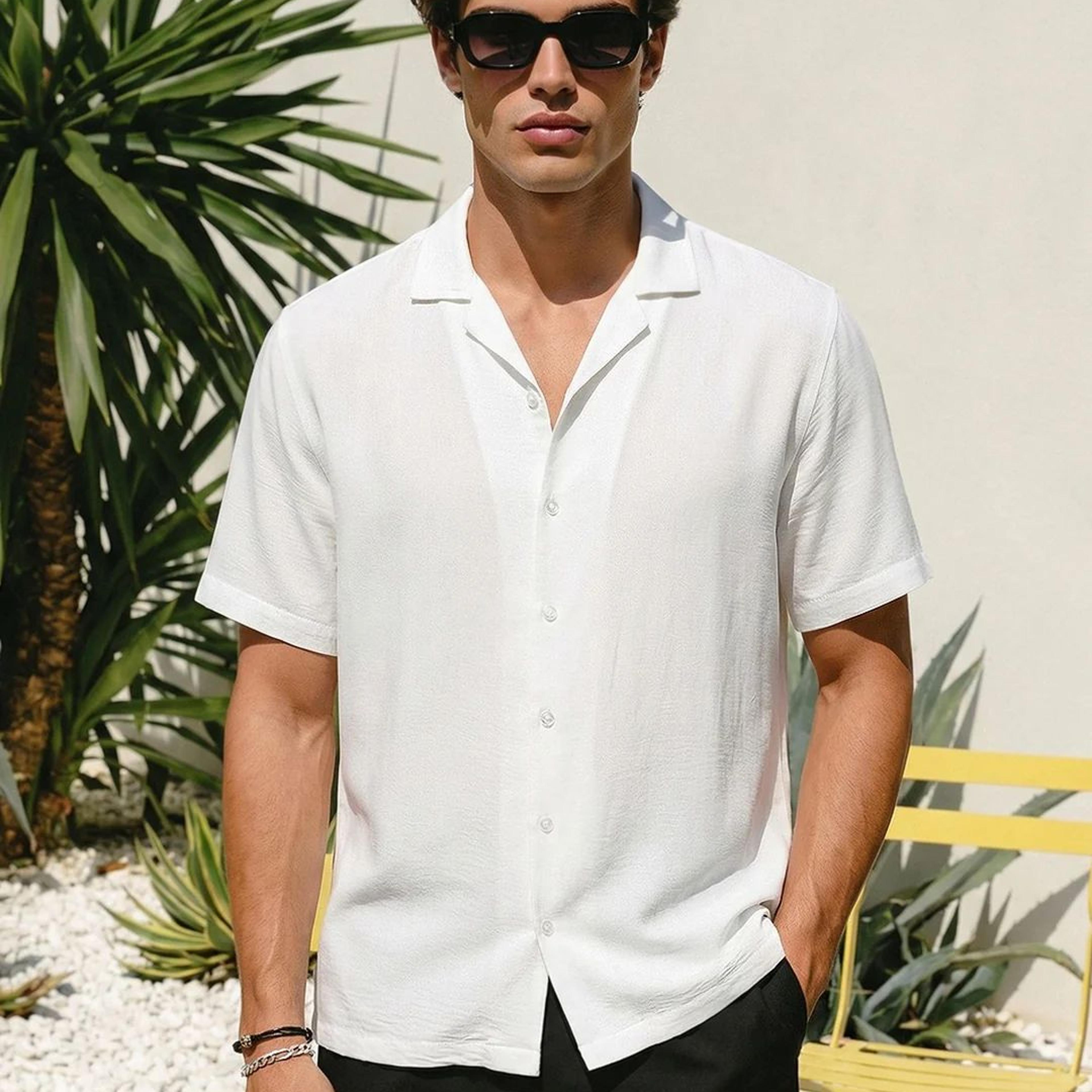 Men's White Cotton Half Sleeve Relaxed Fit Textured Shirt with Cuban Collar