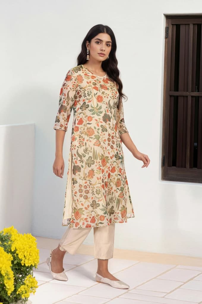 Off-White Floral Printed Straight Tissue Kurta with Straight Pant and Dupatta Set — photo 3