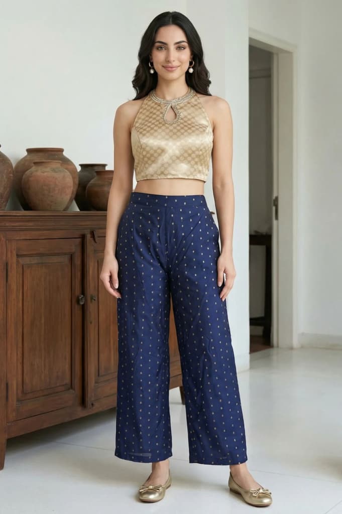 Navy Blue Chanderi Wide Leg Ankle Length Palazzo Pants — photo 5