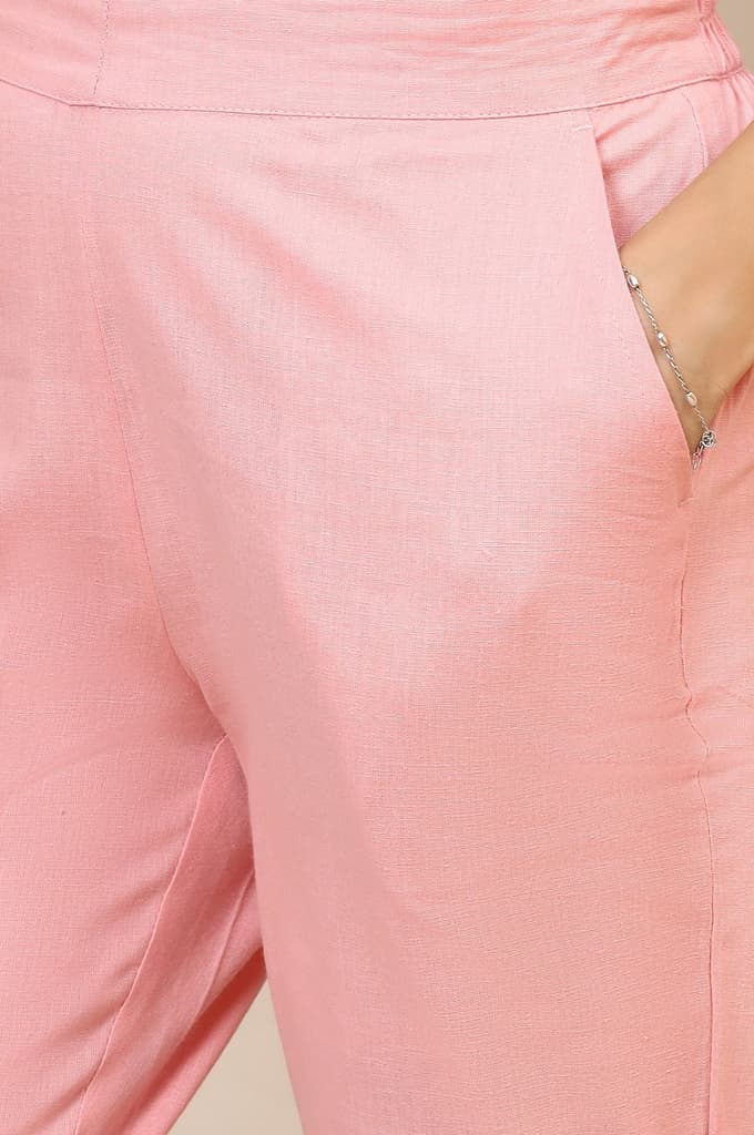 Pink Solid Slim Fit Cotton Trousers With Elasticated Waist — photo 6