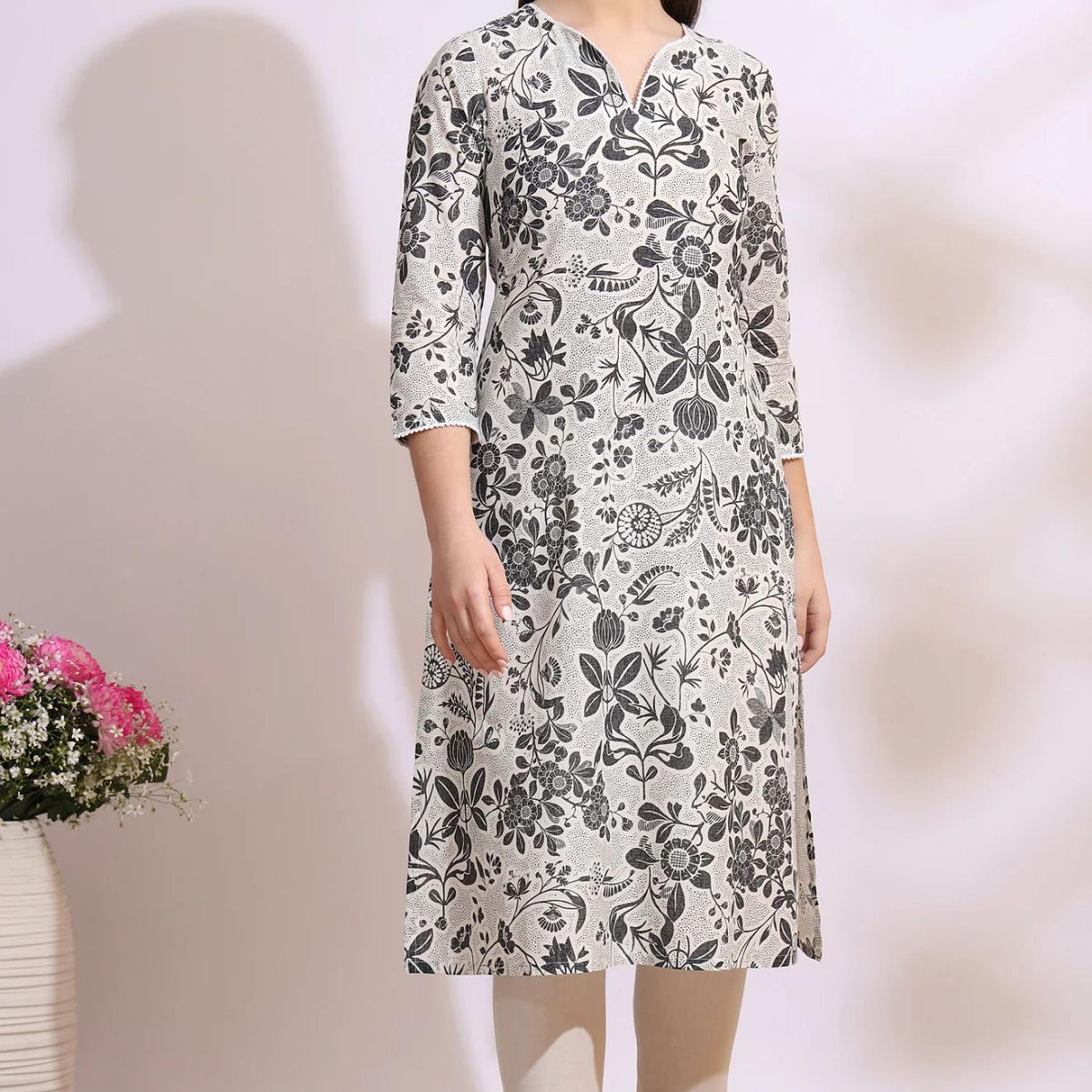 Off-White Bold Floral Printed Cotton Cambric Straight Kurta