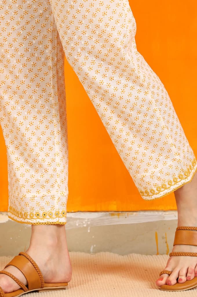 White Dot Printed Embroidered Pure Cotton Straight Kurta, Pants and Dupatta Set — photo 10