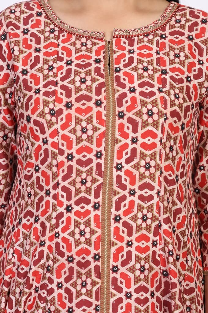 Red Geometric Embroidered Anarkali Cotton Kurta — photo 3