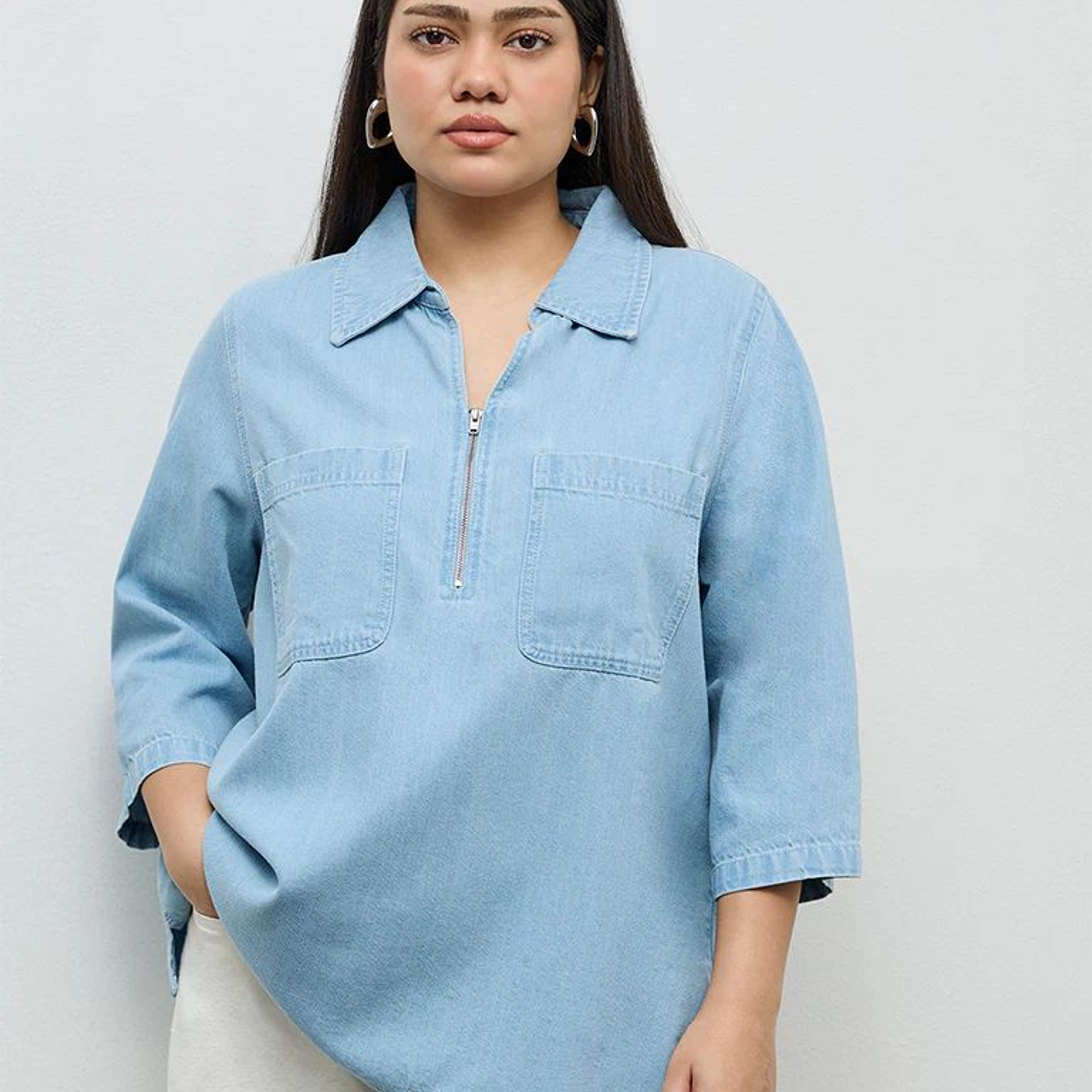 Gia Light Blue Washed Denim Blouse