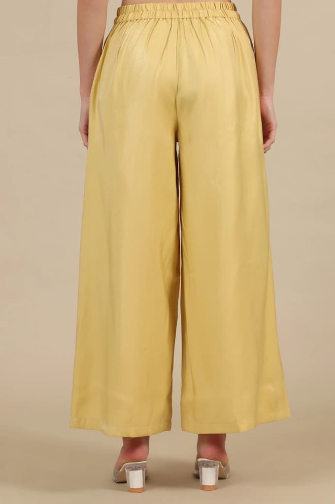 Yellow Solid Flared Rayon Palazzo With Pleats — photo 3