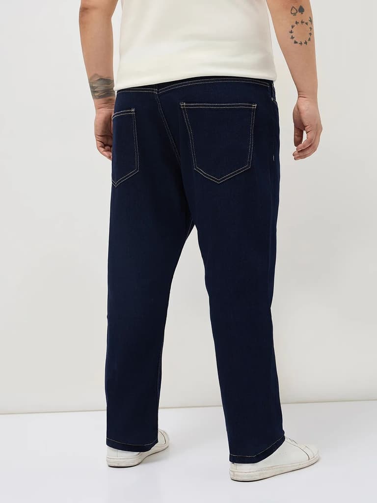 Plus Men's Dark Blue Straight Fit Raw Washed Denim Jeans Stretchable — photo 3