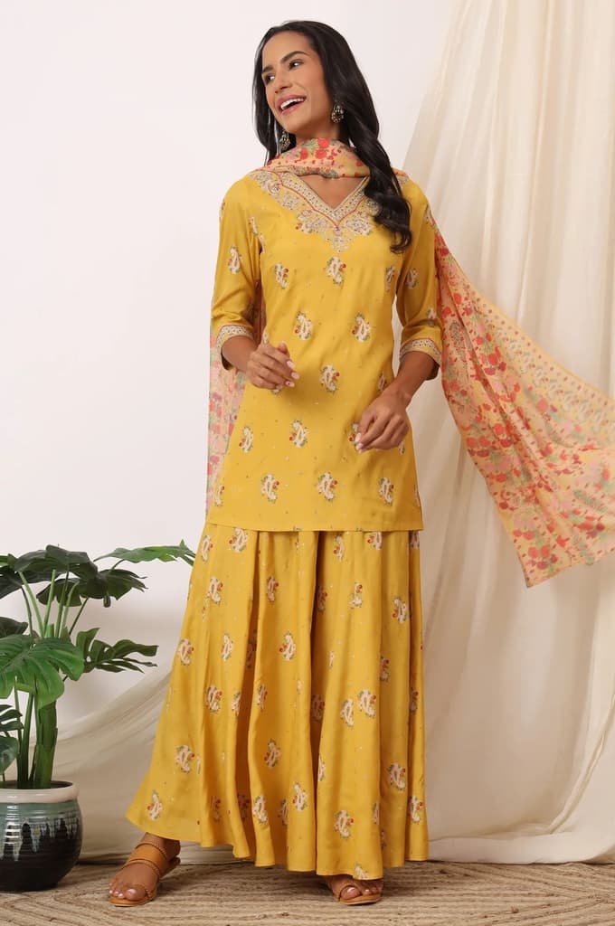 Mustard Yellow Printed Short Shantung Kurti, Culottes and Dupatta Set — photo 2