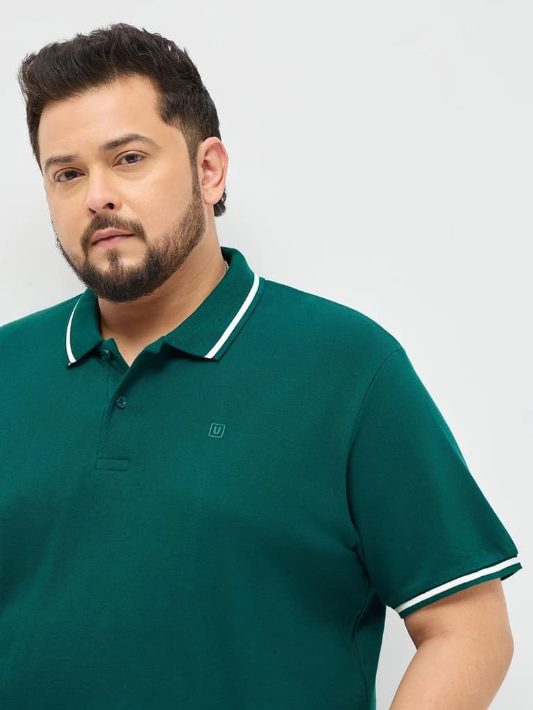 Plus Men's Teal Green Solid Regular Fit Half Sleeve Cotton Polo T-Shirt — photo 5