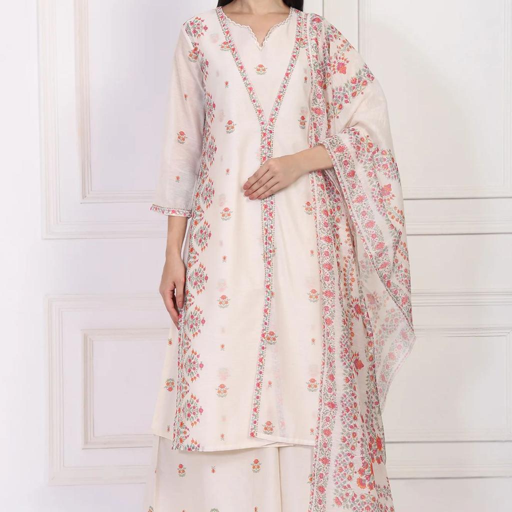 Off-White Floral Printed Lace Trim Straight Chiffon Kurta with Inner, Flared Pant and Dupatta Set