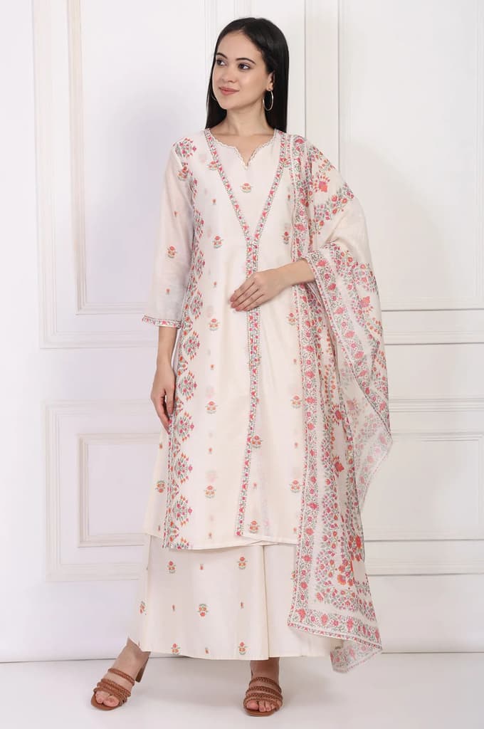 Off-White Floral Printed Lace Trim Straight Chiffon Kurta with Inner, Flared Pant and Dupatta Set — XS