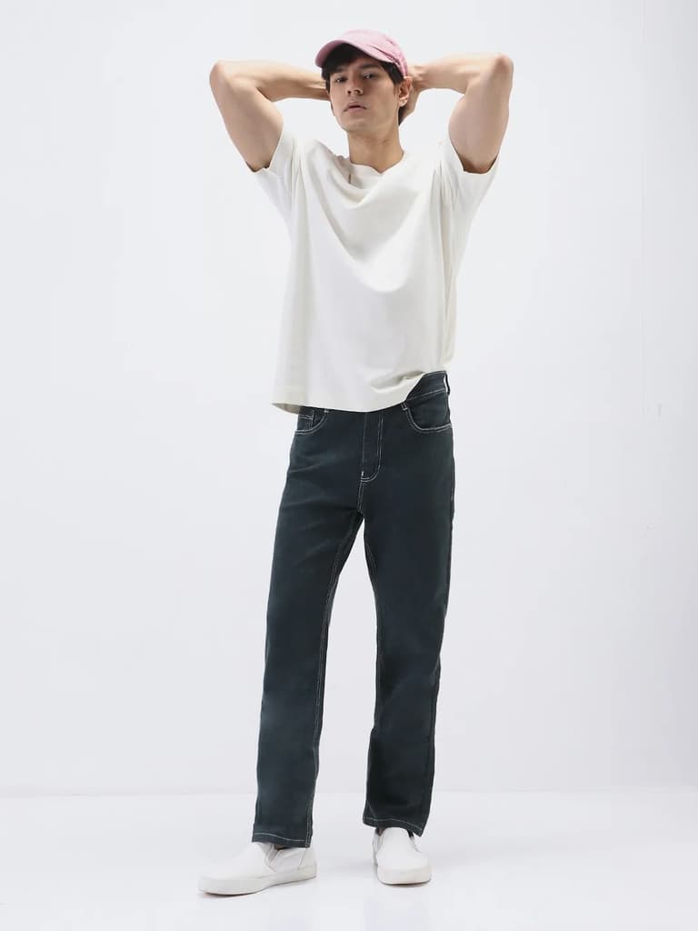 Men's Dark Grey Straight Fit Washed Jeans Stretchable — photo 5